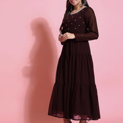 Poshak Hub Women Brown Georgette Embroidery Tiered Anarkali Kurta