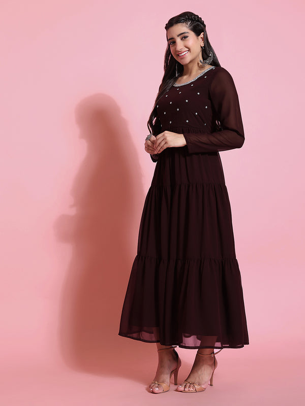 Poshak Hub Women Brown Georgette Embroidery Tiered Anarkali Kurta