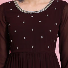 Poshak Hub Women Brown Georgette Embroidery Tiered Anarkali Kurta