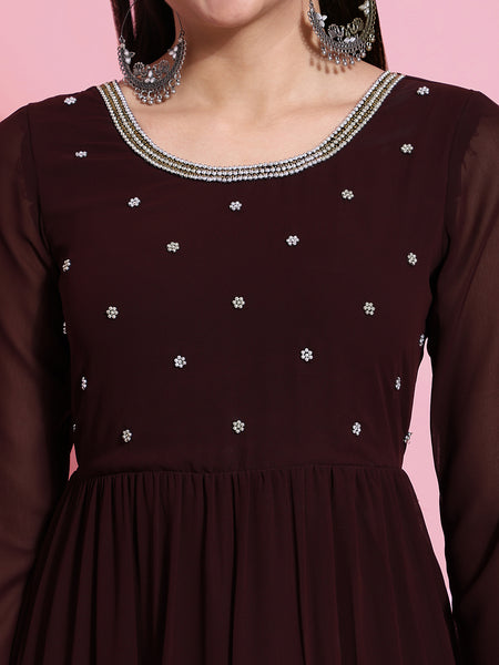 Poshak Hub Women Brown Georgette Embroidery Tiered Anarkali Kurta