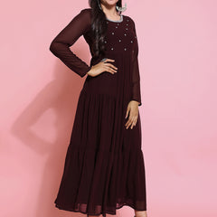 Poshak Hub Women Brown Georgette Embroidery Tiered Anarkali Kurta