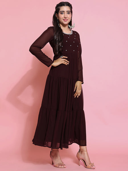 Poshak Hub Women Brown Georgette Embroidery Tiered Anarkali Kurta