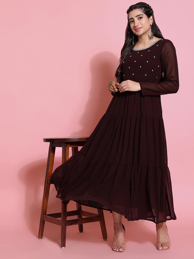 Poshak Hub Women Brown Georgette Embroidery Tiered Anarkali Kurta