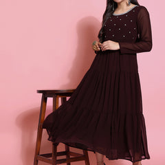 Poshak Hub Women Brown Georgette Embroidery Tiered Anarkali Kurta