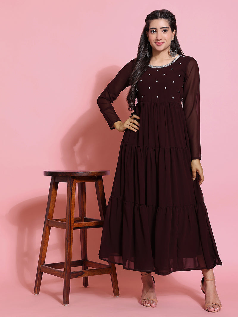 Poshak Hub Women Brown Georgette Embroidery Tiered Anarkali Kurta