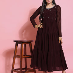 Poshak Hub Women Brown Georgette Embroidery Tiered Anarkali Kurta