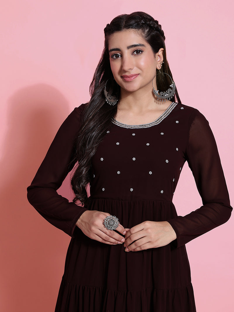 Poshak Hub Women Brown Georgette Embroidery Tiered Anarkali Kurta