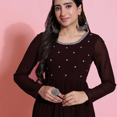 Poshak Hub Women Brown Georgette Embroidery Tiered Anarkali Kurta