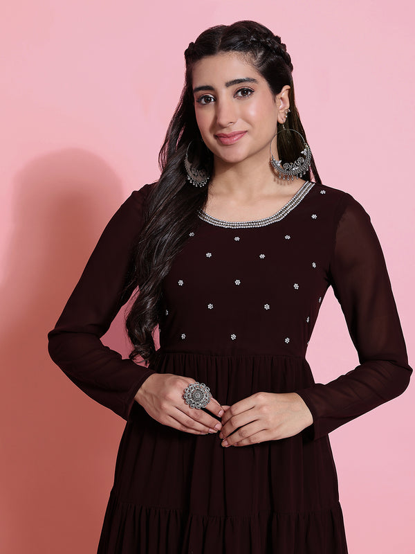 Poshak Hub Women Brown Georgette Embroidery Tiered Anarkali Kurta