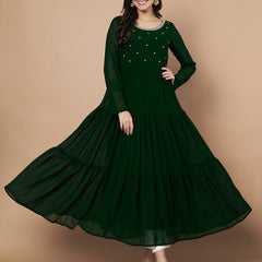 Poshak Hub Women Green Georgette Embroidery Tiered Anarkali Kurta