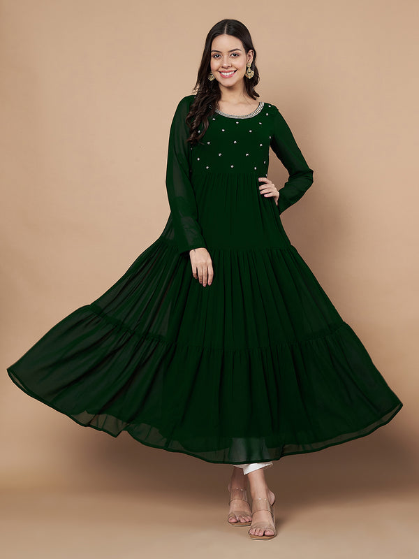 Poshak Hub Women Green Georgette Embroidery Tiered Anarkali Kurta