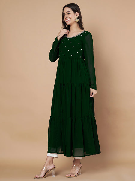 Poshak Hub Women Green Georgette Embroidery Tiered Anarkali Kurta
