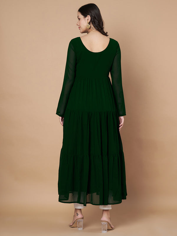 Poshak Hub Women Green Georgette Embroidery Tiered Anarkali Kurta