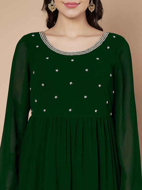 Poshak Hub Women Green Georgette Embroidery Tiered Anarkali Kurta