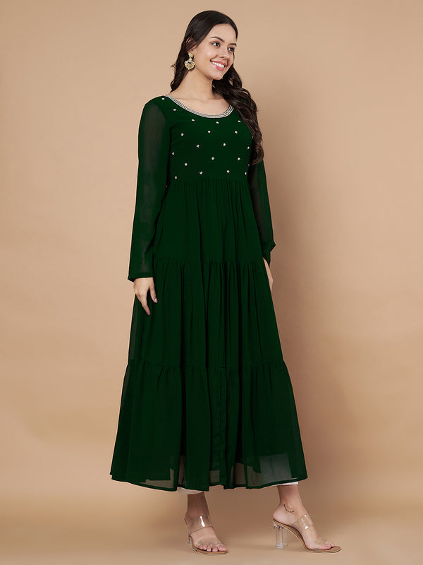 Poshak Hub Women Green Georgette Embroidery Tiered Anarkali Kurta