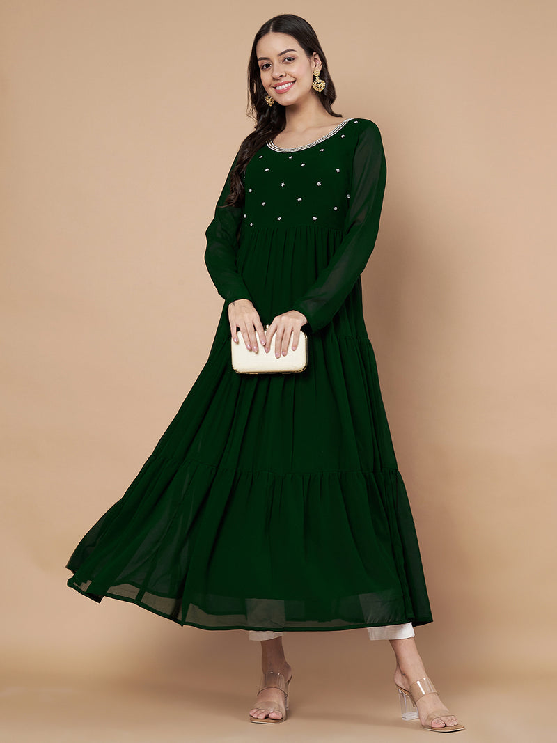 Poshak Hub Women Green Georgette Embroidery Tiered Anarkali Kurta