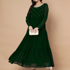 Poshak Hub Women Green Georgette Embroidery Tiered Anarkali Kurta