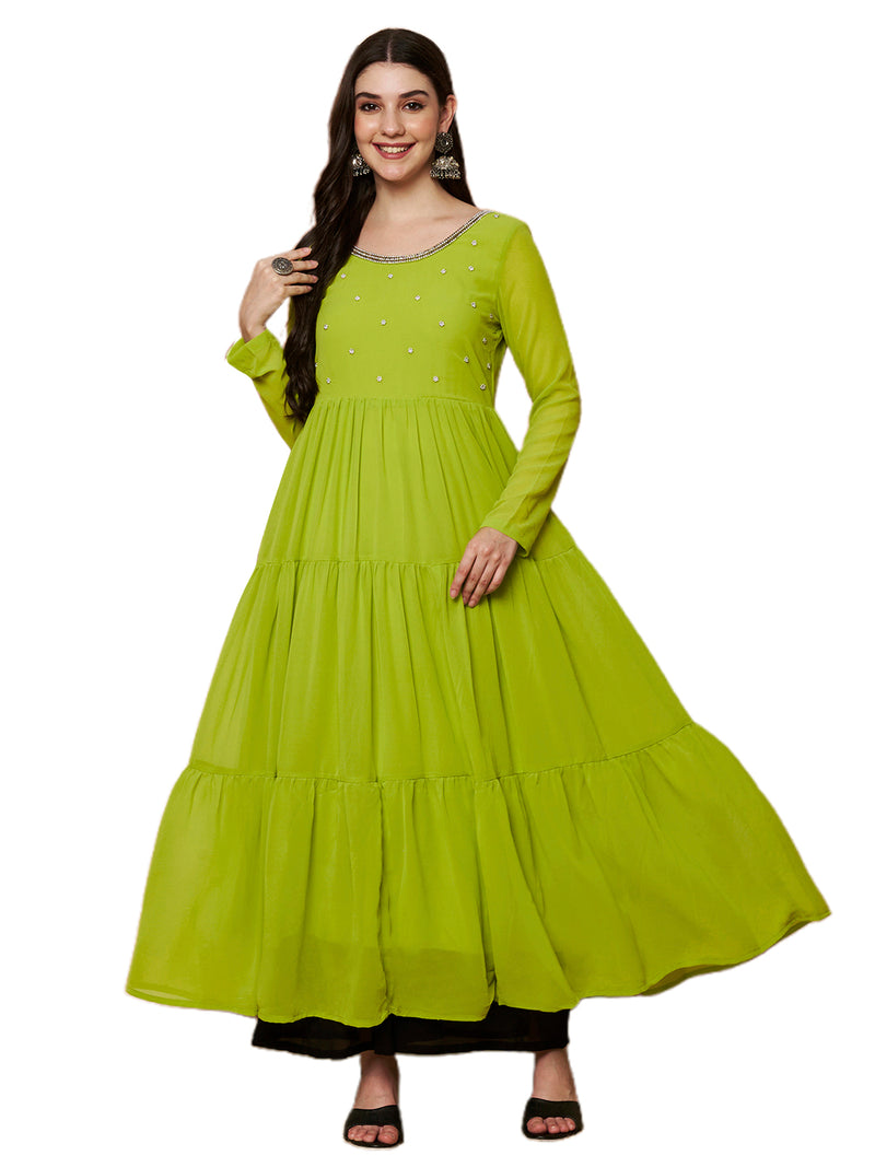 Poshak Hub Women Lime-Green Georgette Hand Embroidery Tiered Anarkali Kurta