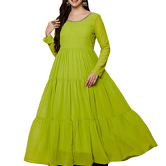 Poshak Hub Women Lime-Green Georgette Hand Embroidery Tiered Anarkali Kurta