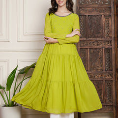 Poshak Hub Women Lime-Green Georgette Hand Embroidery Tiered Anarkali Kurta
