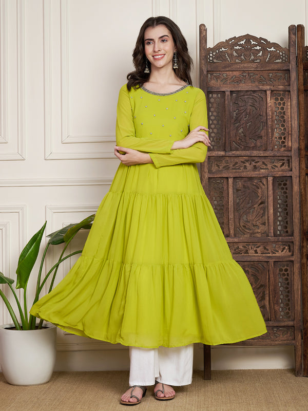 Poshak Hub Women Lime-Green Georgette Hand Embroidery Tiered Anarkali Kurta