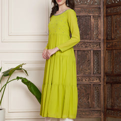 Poshak Hub Women Lime-Green Georgette Hand Embroidery Tiered Anarkali Kurta