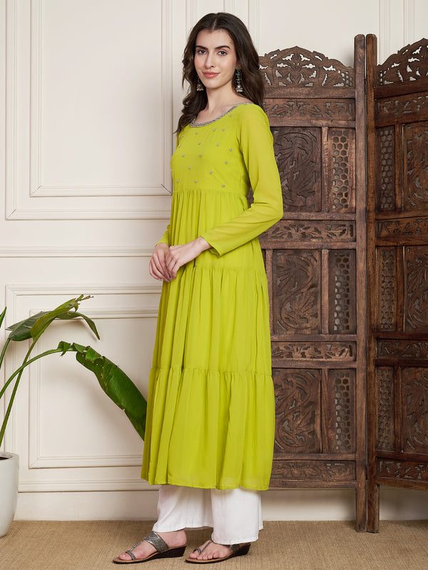 Poshak Hub Women Lime-Green Georgette Hand Embroidery Tiered Anarkali Kurta