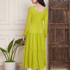 Poshak Hub Women Lime-Green Georgette Hand Embroidery Tiered Anarkali Kurta