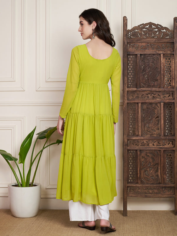Poshak Hub Women Lime-Green Georgette Hand Embroidery Tiered Anarkali Kurta