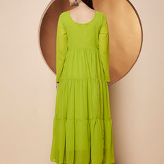 Poshak Hub Women Lime-Green Georgette Hand Embroidery Tiered Anarkali Kurta