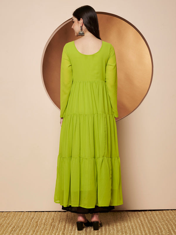 Poshak Hub Women Lime-Green Georgette Hand Embroidery Tiered Anarkali Kurta