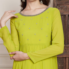 Poshak Hub Women Lime-Green Georgette Hand Embroidery Tiered Anarkali Kurta