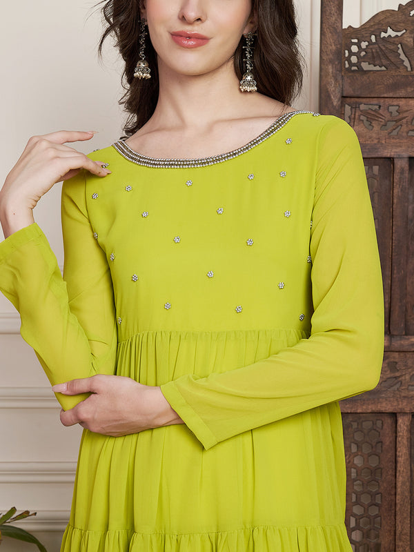 Poshak Hub Women Lime-Green Georgette Hand Embroidery Tiered Anarkali Kurta