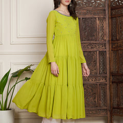 Poshak Hub Women Lime-Green Georgette Hand Embroidery Tiered Anarkali Kurta