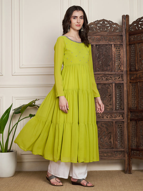 Poshak Hub Women Lime-Green Georgette Hand Embroidery Tiered Anarkali Kurta