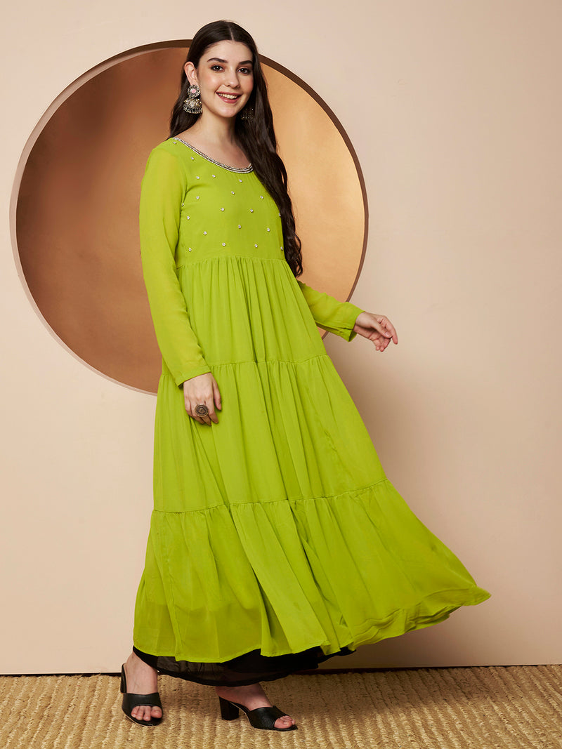 Poshak Hub Women Lime-Green Georgette Hand Embroidery Tiered Anarkali Kurta