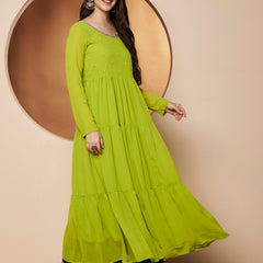 Poshak Hub Women Lime-Green Georgette Hand Embroidery Tiered Anarkali Kurta