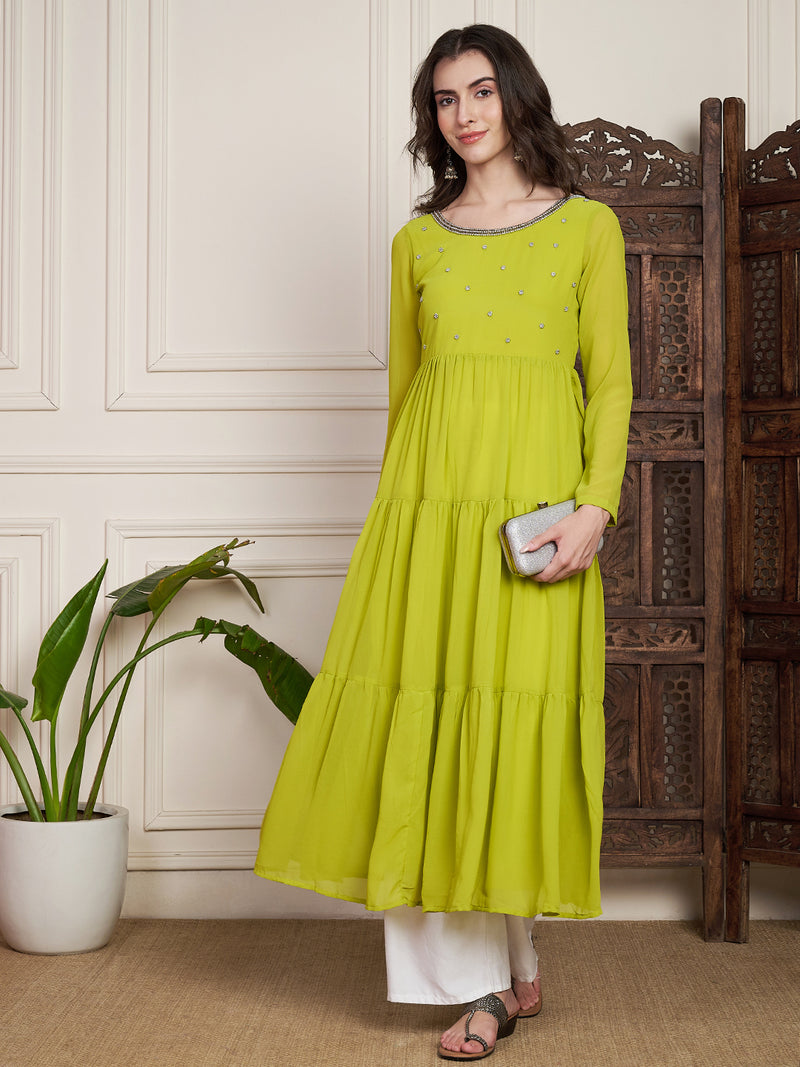 Poshak Hub Women Lime-Green Georgette Hand Embroidery Tiered Anarkali Kurta