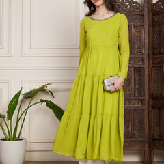 Poshak Hub Women Lime-Green Georgette Hand Embroidery Tiered Anarkali Kurta