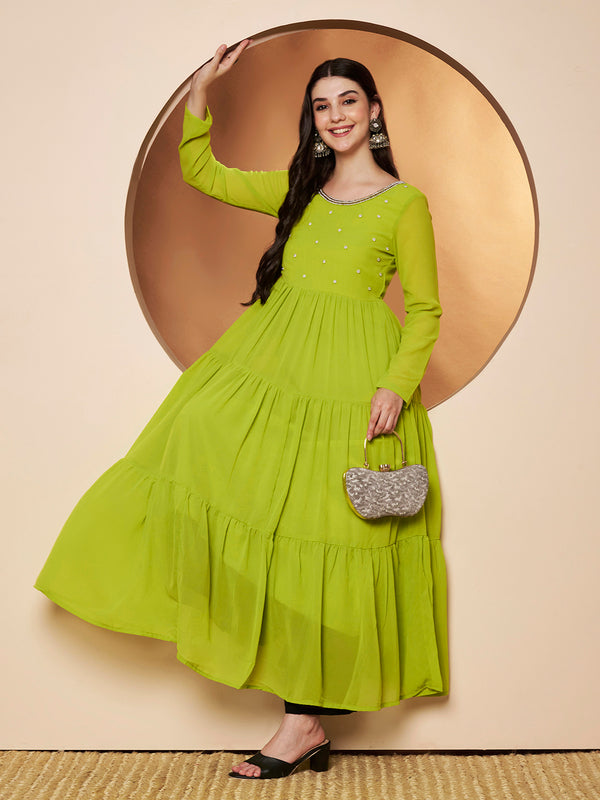 Poshak Hub Women Lime-Green Georgette Hand Embroidery Tiered Anarkali Kurta
