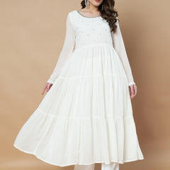 Poshak Hub Women Off-White Georgette Embroidery Tiered Anarkali Kurta