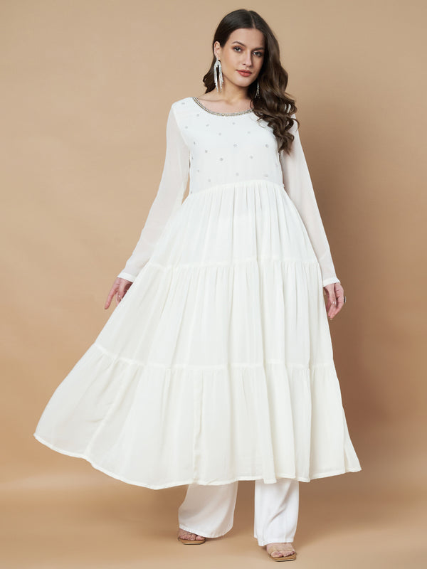 Poshak Hub Women Off-White Georgette Embroidery Tiered Anarkali Kurta