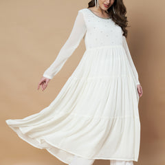 Poshak Hub Women Off-White Georgette Embroidery Tiered Anarkali Kurta