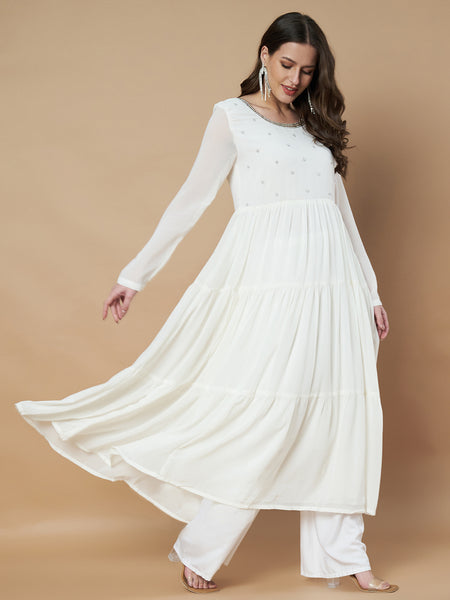 Poshak Hub Women Off-White Georgette Embroidery Tiered Anarkali Kurta