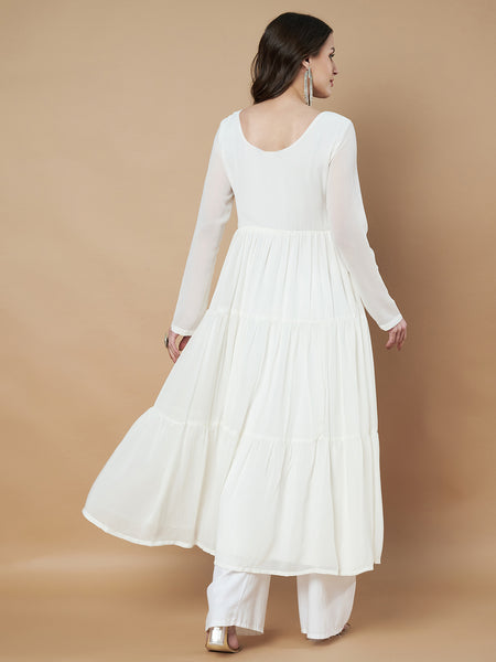 Poshak Hub Women Off-White Georgette Embroidery Tiered Anarkali Kurta
