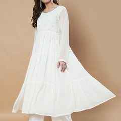 Poshak Hub Women Off-White Georgette Embroidery Tiered Anarkali Kurta