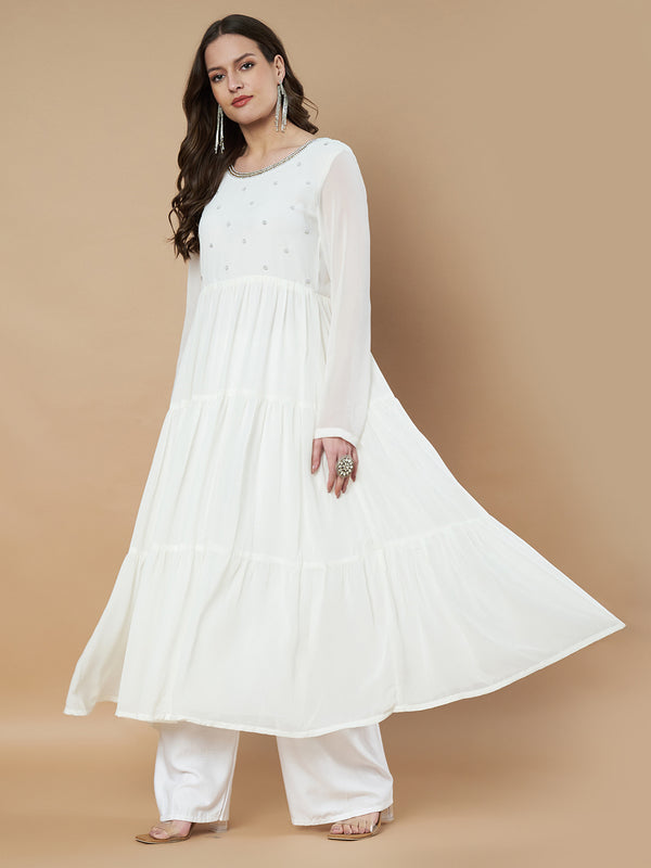 Poshak Hub Women Off-White Georgette Embroidery Tiered Anarkali Kurta
