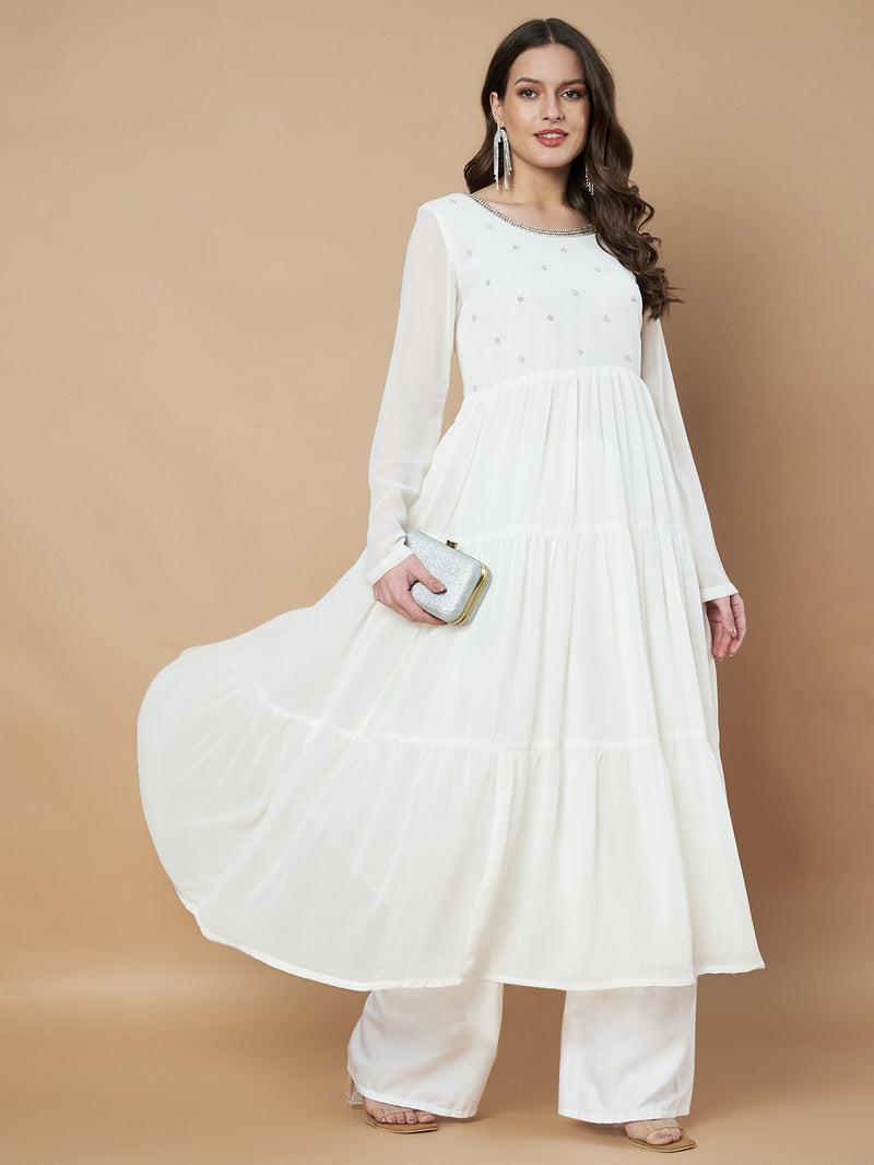 Poshak Hub Women Off-White Georgette Embroidery Tiered Anarkali Kurta
