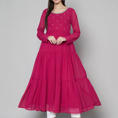 Poshak Hub Women Pink Georgette Embroidery Tiered Anarkali Kurta