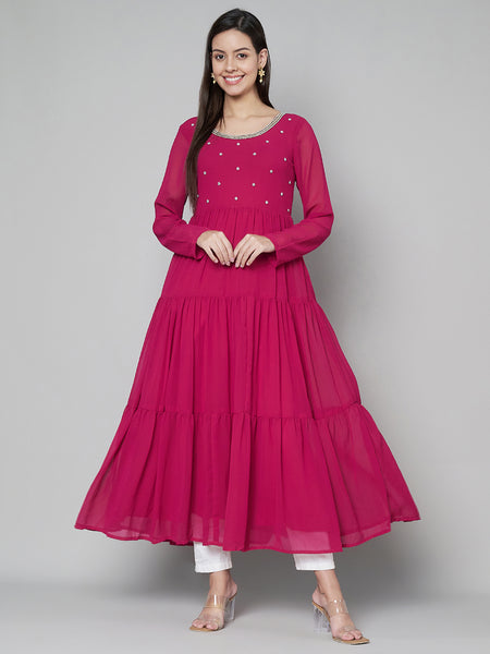 Poshak Hub Women Pink Georgette Embroidery Tiered Anarkali Kurta